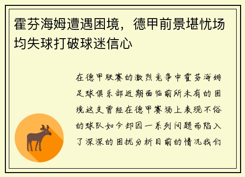 霍芬海姆遭遇困境，德甲前景堪忧场均失球打破球迷信心