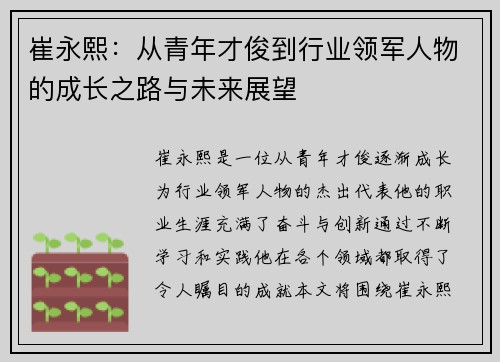 崔永熙：从青年才俊到行业领军人物的成长之路与未来展望